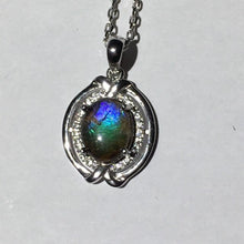 Load image into Gallery viewer, Multi colour Rainbow Ammolite pendant in Sterling Silver with Cubic Zirconia