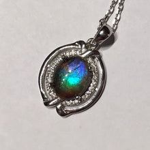 Load image into Gallery viewer, Multi colour Rainbow Ammolite pendant in Sterling Silver with Cubic Zirconia