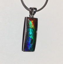 Load image into Gallery viewer, Men’s unisex Ammolite pendant faceted and set in Sterling Silver 1 inch tall multi colour rainbow