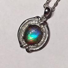 Load image into Gallery viewer, Multi colour Rainbow Ammolite pendant in Sterling Silver with Cubic Zirconia