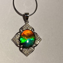 Load image into Gallery viewer, Ammolite pendant Sterling Silver Cubic Zirconia petite with a bright gemstone 1 inch tall