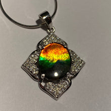 Load image into Gallery viewer, Ammolite pendant Sterling Silver Cubic Zirconia petite with a bright gemstone 1 inch tall