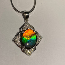 Load image into Gallery viewer, Ammolite pendant Sterling Silver Cubic Zirconia petite with a bright gemstone 1 inch tall