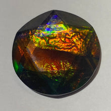 Load image into Gallery viewer, AAA+ ammolite calibrated faceted cabochon. Incredible colour, pink, purple, red, blue, gold, green 6 point star quartz cap. 25x25 mm