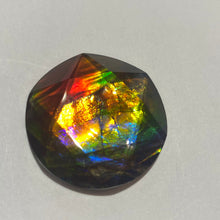 Load image into Gallery viewer, AAA+ ammolite calibrated faceted cabochon. Incredible colour, pink, purple, red, blue, gold, green 6 point star quartz cap. 30x30 mm