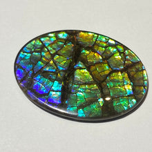 Load image into Gallery viewer, AAA+ ammolite calibrated cabochon with dragon skin patter august blue colours and fire in between scales. 40x30 mm low dome quartz cap