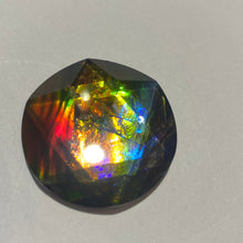 Load image into Gallery viewer, AAA+ ammolite calibrated faceted cabochon. Incredible colour, pink, purple, red, blue, gold, green 6 point star quartz cap. 30x30 mm