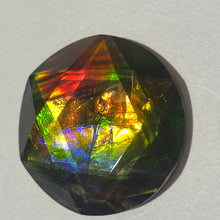 Load image into Gallery viewer, AAA+ ammolite calibrated faceted cabochon. Incredible colour, pink, purple, red, blue, gold, green 6 point star quartz cap. 30x30 mm