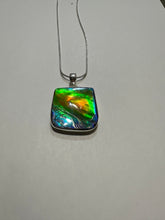 Load image into Gallery viewer, Beautiful ammolite necklace set in silver, with vibrant blues and oranges