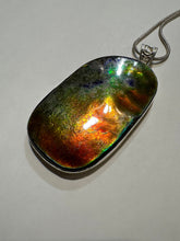 Load image into Gallery viewer, Natural Finish, Polished by hand! Beautiful ammolite necklace set in silver, featuring bright oranges and blues