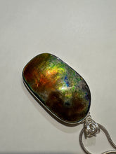 Load image into Gallery viewer, Natural Finish, Polished by hand! Beautiful ammolite necklace set in silver, featuring bright oranges and blues