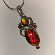 Load image into Gallery viewer, Ammolite Pendant in Sterling Silver with garnet gemstones