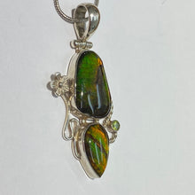 Load image into Gallery viewer, Ammolite pendant facetted two stones in one sterling silver peridot gem