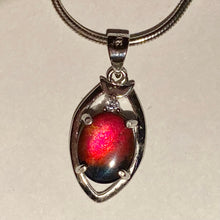 Load image into Gallery viewer, Ammolite pendant in sterling silver, sparkly midnight sky blue with  bright red and orange and pink spots