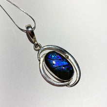 Load image into Gallery viewer, Ammolite Pendant Blue and  purple pendant 62 mm by 25 mm Sterling silver