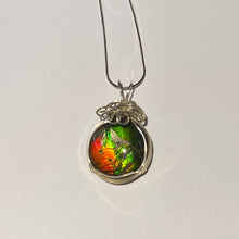 Load image into Gallery viewer, Ammolite pendant amazing colours, Sterling Silver wire wrap