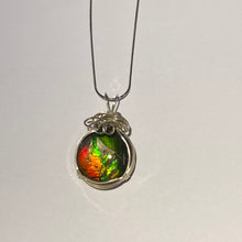Load image into Gallery viewer, Ammolite pendant amazing colours, Sterling Silver wire wrap