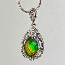 Load image into Gallery viewer, Ammolite pendant Sterling Silver with Rhodium Plate and Cubic Zirconia Faceted
