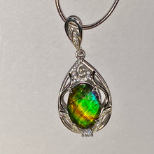 Load image into Gallery viewer, Ammolite pendant Sterling Silver with Rhodium Plate and Cubic Zirconia Faceted