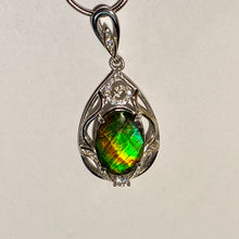 Load image into Gallery viewer, Ammolite pendant Sterling Silver with Rhodium Plate and Cubic Zirconia Faceted