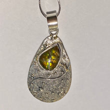 Load image into Gallery viewer, Ammolite pendant in Sterling Silver with modern design and sparkling colours