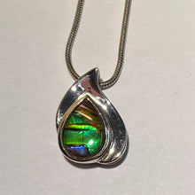 Load image into Gallery viewer, Ammolite pendant beautiful green blue with red spot in sterling silver setting