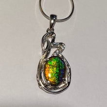 Load image into Gallery viewer, Ammolite pendant, beautiful colours of orange, golden yellow, green and blue with Sterling Silver and Cubic Zirconia