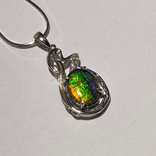 Load image into Gallery viewer, Ammolite pendant, beautiful colours of orange, golden yellow, green and blue with Sterling Silver and Cubic Zirconia