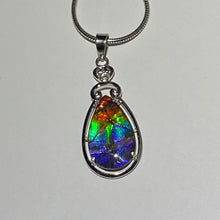 Load image into Gallery viewer, Ammolite pendant Rainbow colours with incredible lustre and flash  in Sterling Silver with cubic zirconia