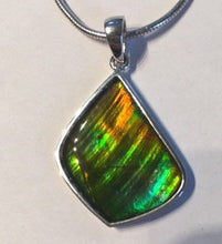 Load image into Gallery viewer, Ammolite pendant in Sterling Silver with gorgeous greens and blues, flashes of gold