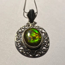 Load image into Gallery viewer, Ammolite pendant in Sterling Silver with colour changing from orange to green, very pretty oval cabochon.