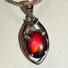 Load image into Gallery viewer, Ammolite pendant in sterling silver, sparkly midnight sky blue with  bright red and orange and pink spots