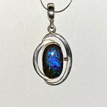 Load image into Gallery viewer, Ammolite Pendant Blue and  purple pendant 62 mm by 25 mm Sterling silver