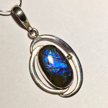 Load image into Gallery viewer, Ammolite Pendant Blue and  purple pendant 62 mm by 25 mm Sterling silver