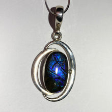 Load image into Gallery viewer, Ammolite Pendant Blue and  purple pendant 62 mm by 25 mm Sterling silver