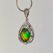 Load image into Gallery viewer, Ammolite pendant Sterling Silver with Rhodium Plate and Cubic Zirconia Faceted