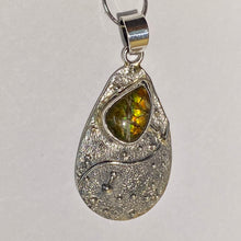 Load image into Gallery viewer, Ammolite pendant in Sterling Silver with modern design and sparkling colours