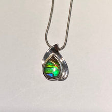 Load image into Gallery viewer, Ammolite pendant beautiful green blue with red spot in sterling silver setting