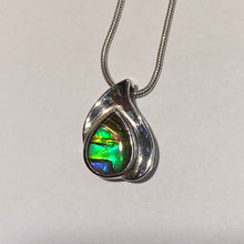 Load image into Gallery viewer, Ammolite pendant beautiful green blue with red spot in sterling silver setting
