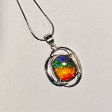 Load image into Gallery viewer, Ammolite pendant in Sterling Silver with beautiful bright rainbow colours!
