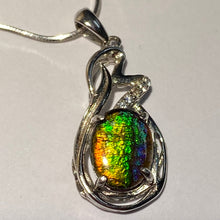 Load image into Gallery viewer, Ammolite pendant, beautiful colours of orange, golden yellow, green and blue with Sterling Silver and Cubic Zirconia