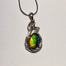 Load image into Gallery viewer, Ammolite pendant, beautiful colours of orange, golden yellow, green and blue with Sterling Silver and Cubic Zirconia