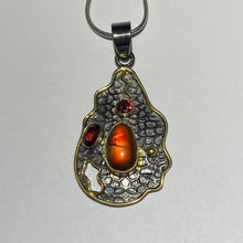 Load image into Gallery viewer, Ammolite pendant with black rhodium and gold plate with ruby