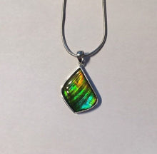 Load image into Gallery viewer, Ammolite pendant in Sterling Silver with gorgeous greens and blues, flashes of gold