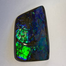 Load image into Gallery viewer, Beautiful flowing green/blue/aqua with splashes of purple and gold free form ammolite mm