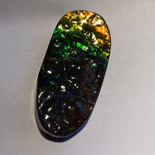 Load image into Gallery viewer, Beautiful Green/golden/orange with red and purple sparkles in darkness ammolite 66x32 mm