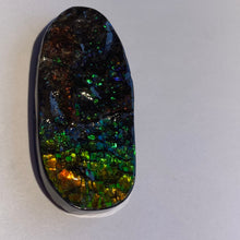 Load image into Gallery viewer, Beautiful Green/golden/orange with red and purple sparkles in darkness ammolite 66x32 mm