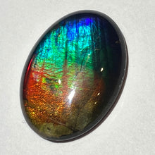 Load image into Gallery viewer, AAA+ ammolite calibrated cabochon. Beautiful rainbow colours. 30x 22 mm low dome quartz cap
