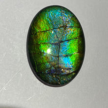 Load image into Gallery viewer, AAA+ ammolite calibrated cabochon. Beautiful green blue pink colours. 25 x 18 mm high dome quartz cap