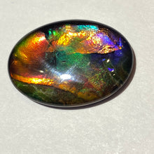 Load image into Gallery viewer, AAA+ ammolite calibrated cabochon. Exceptional colours and depth in this beautiful stone with pink and purple. 25x18 mm low dome quartz cap